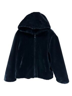 90s Plush black faux fur hooded jacket Womens Large 
 Winter Cozy